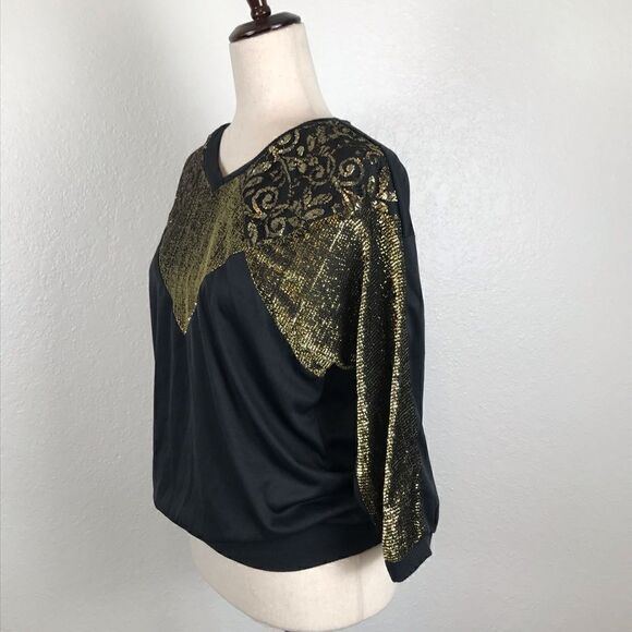 Vintage Retro boho gold metallic & black V-neck 3/4 sleeve blouse M - Picture 4 of 10